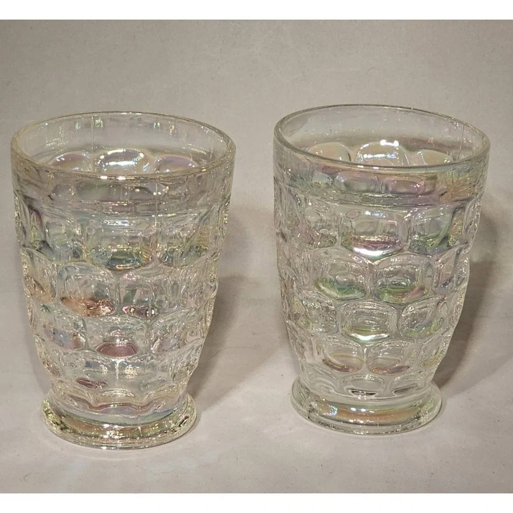 Vintage Federal Glass Iridescent Thumbprint Yorktown Tumblers 6oz Set of 2